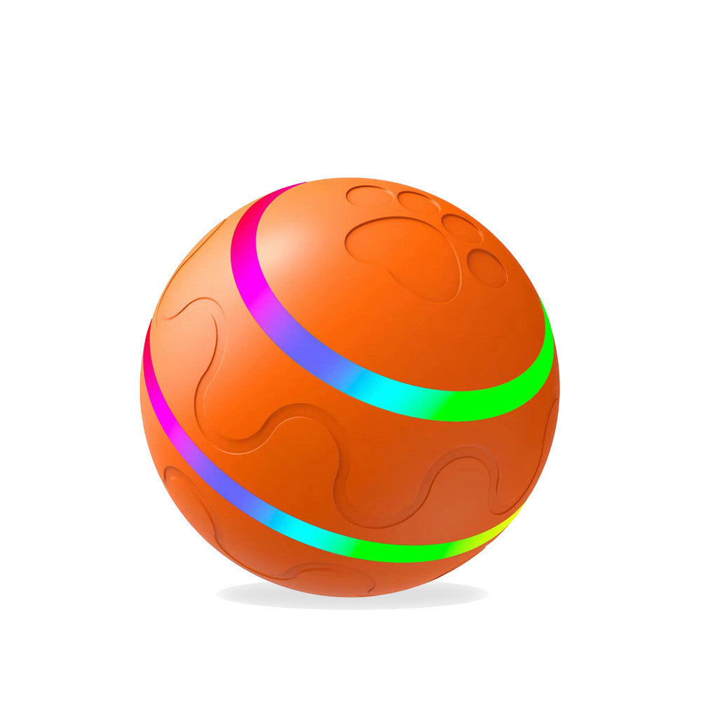 Automatic cat toy ball USB rechargeable in orange with colorful light stripes and paw patterns