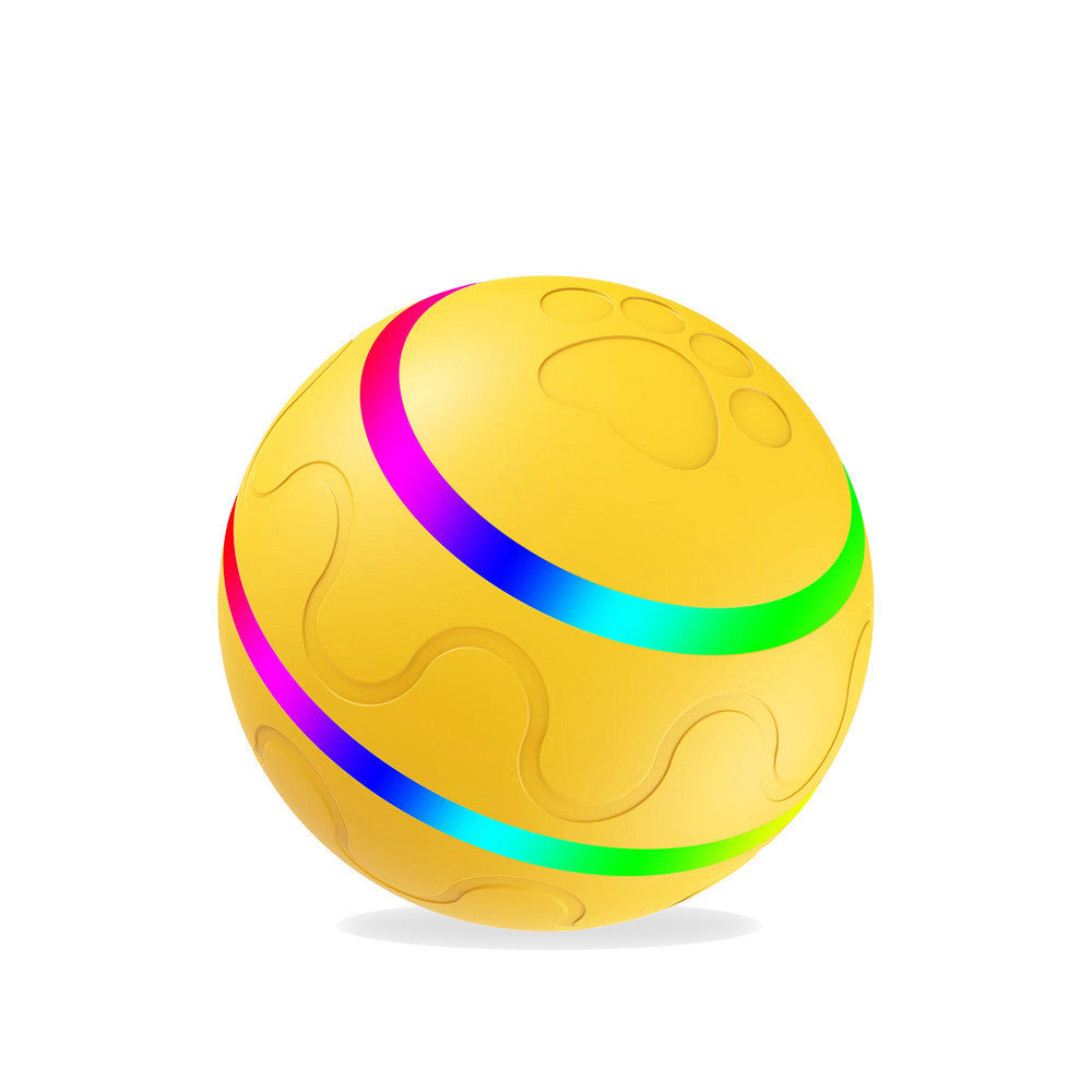 Yellow automatic cat toy ball USB rechargeable with colorful LED light stripes from Pet Pleasers Shop