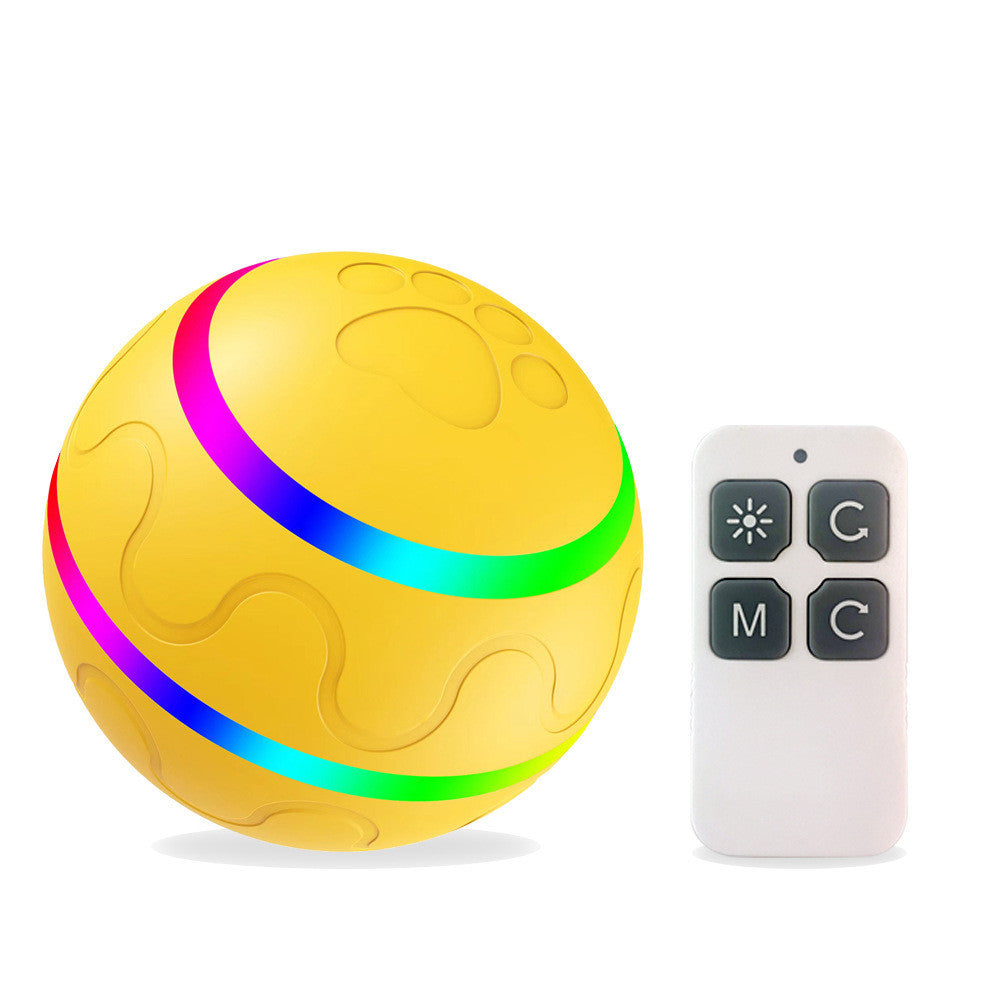 Automatic cat toy ball USB rechargeable in yellow with rainbow LED lights and remote control