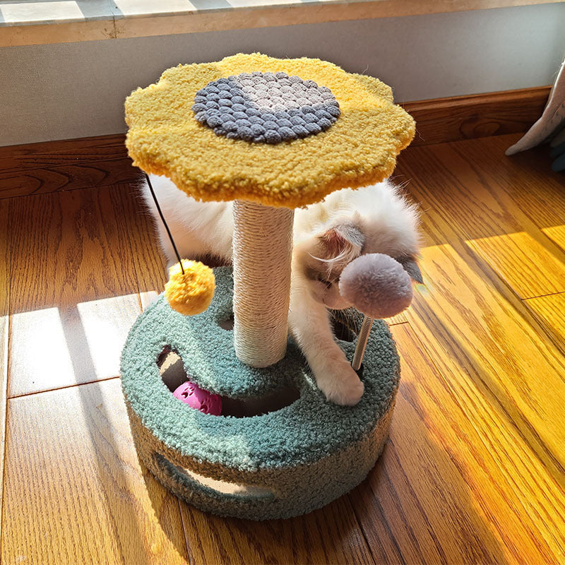 Cat scratch board in flower design with hanging toys and soft textured surfaces for cats to play and scratch