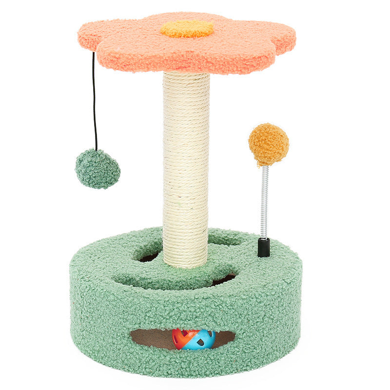 Flower-shaped cat scratch board with green base, scratching post, and hanging ball toy