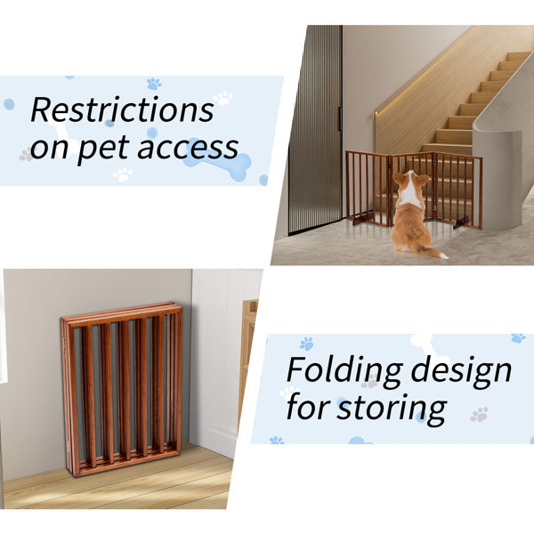 Brown wooden dog gate installed at staircase to restrict pet access with folding design for easy storing