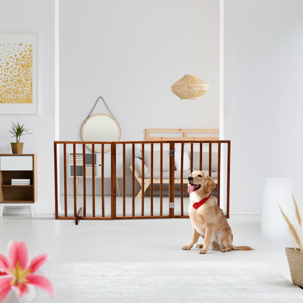 Brown wooden dog gate installed in a modern living room with a golden retriever sitting nearby