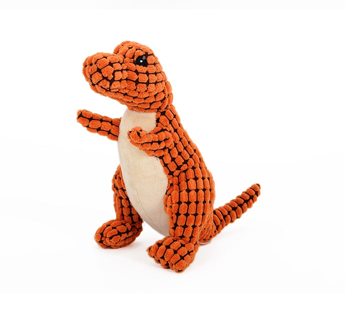 Orange plush dinosaur dog toy for large dogs with textured pattern and soft fabric