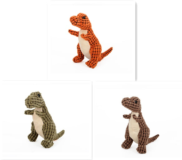 Dinosaur dog toy for large dogs in orange green and brown plush versions by Pet Pleasers Shop