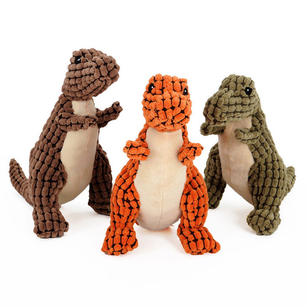 Dinosaur dog toy for large dogs available in brown, orange, and green from Pet Pleasers Shop
