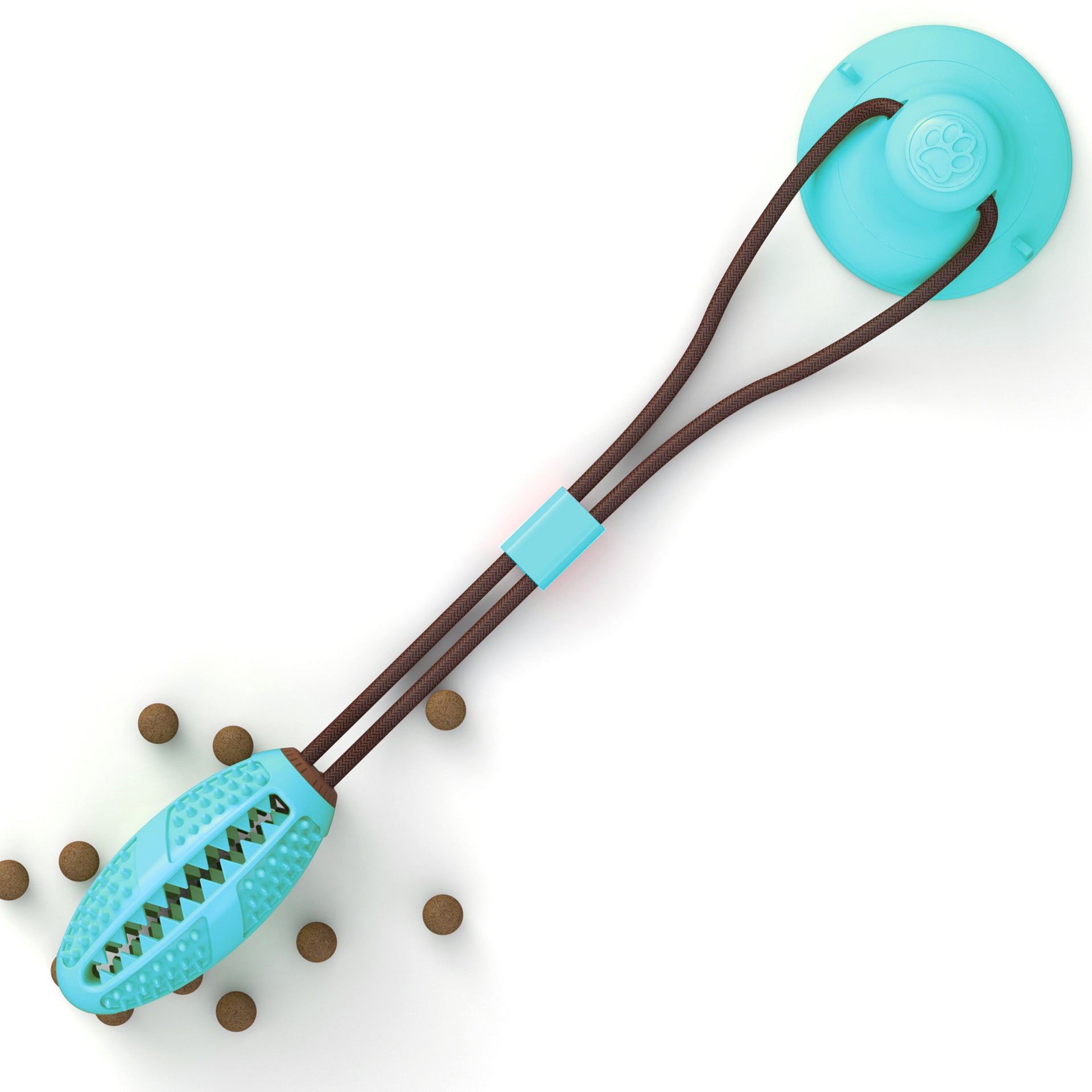 Pet Pleasers Shop interactive dog suction cup toy in blue with chewy textured grip and attached treat balls