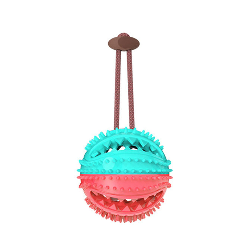 Pet Pleasers Shop interactive dog suction cup toy with textured blue and red rubber ball and rope handle