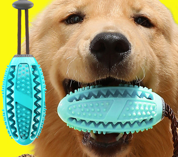 Interactive dog suction cup toy in blue held by golden retriever with textured chewing surface