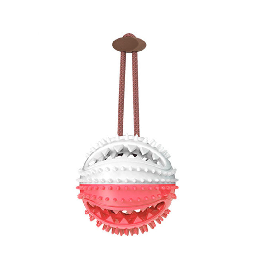 Pet Pleasers Shop interactive dog suction cup toy in red and white with textured surface and hanging loop