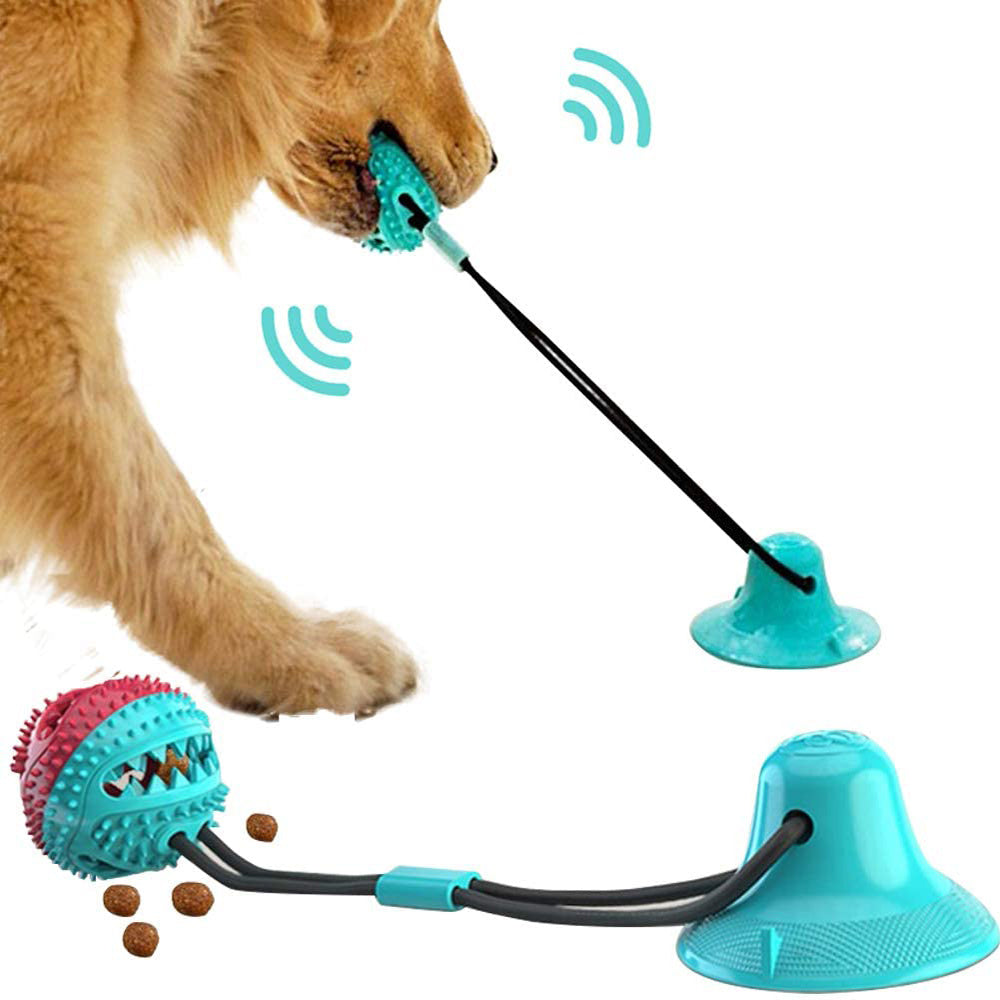 Pet Pleasers Shop interactive dog suction cup toy in blue with a dog playing and treats dispenser