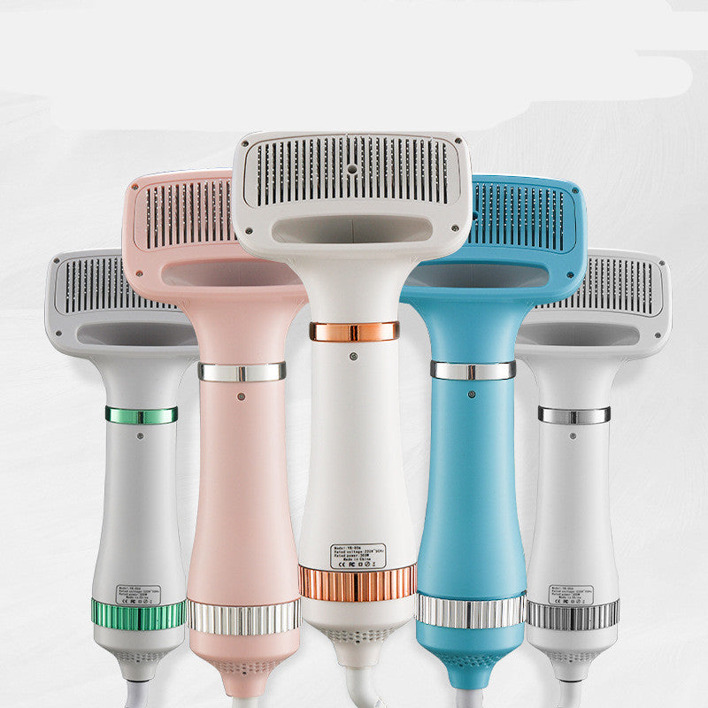 Colorful pet grooming blow dryer models in white, pink, blue, and gray for efficient dog grooming