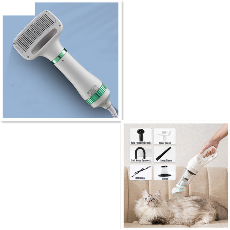 White and green pet grooming blow dryer for drying and grooming pets with multiple attachments
