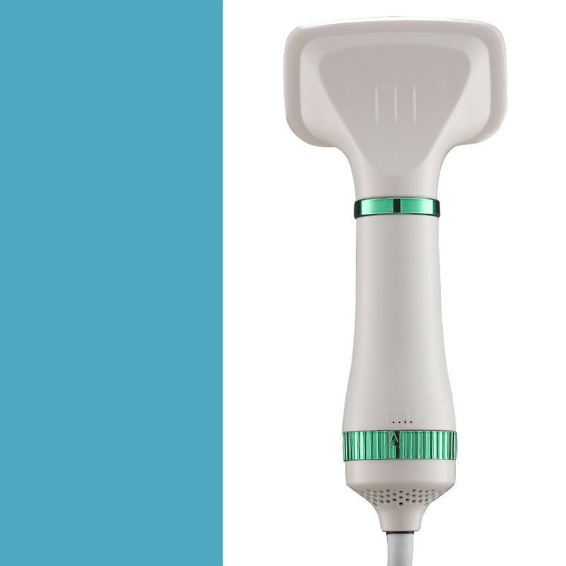 White and green pet grooming blow dryer with ergonomic handle and wide nozzle for dog grooming