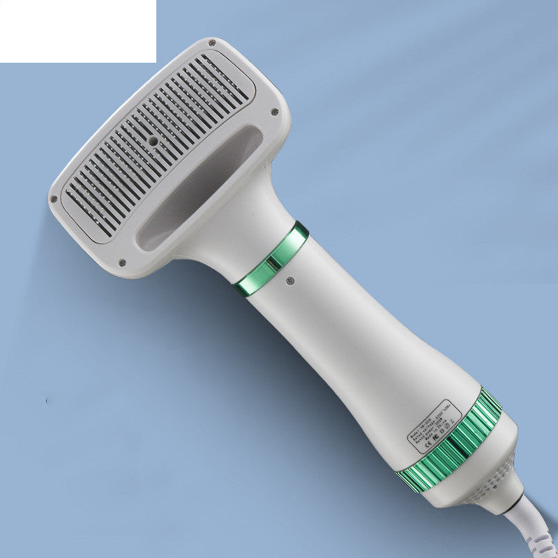 White and green pet grooming blow dryer with wide vent and ergonomic handle on blue background