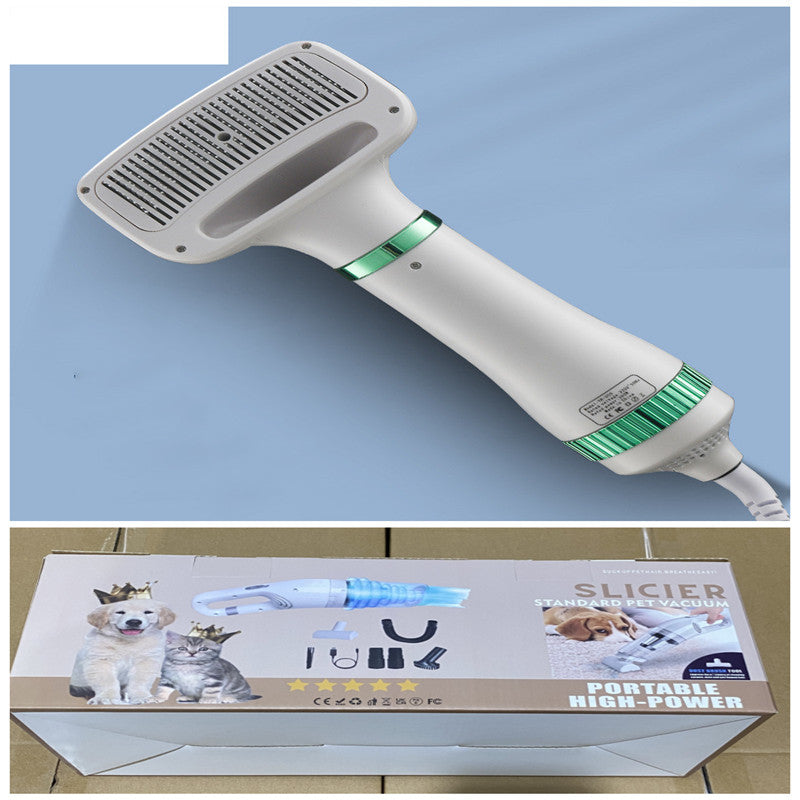 White and green pet grooming blow dryer for dog grooming with packaging featuring pets and grooming accessories