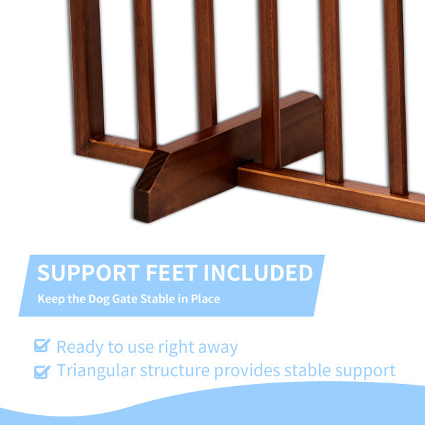 Close-up of brown wooden dog gate support feet showing stable triangular structure