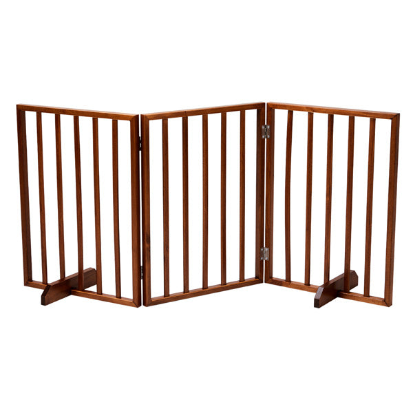 Brown wooden dog gate with three hinged panels for flexible pet area containment